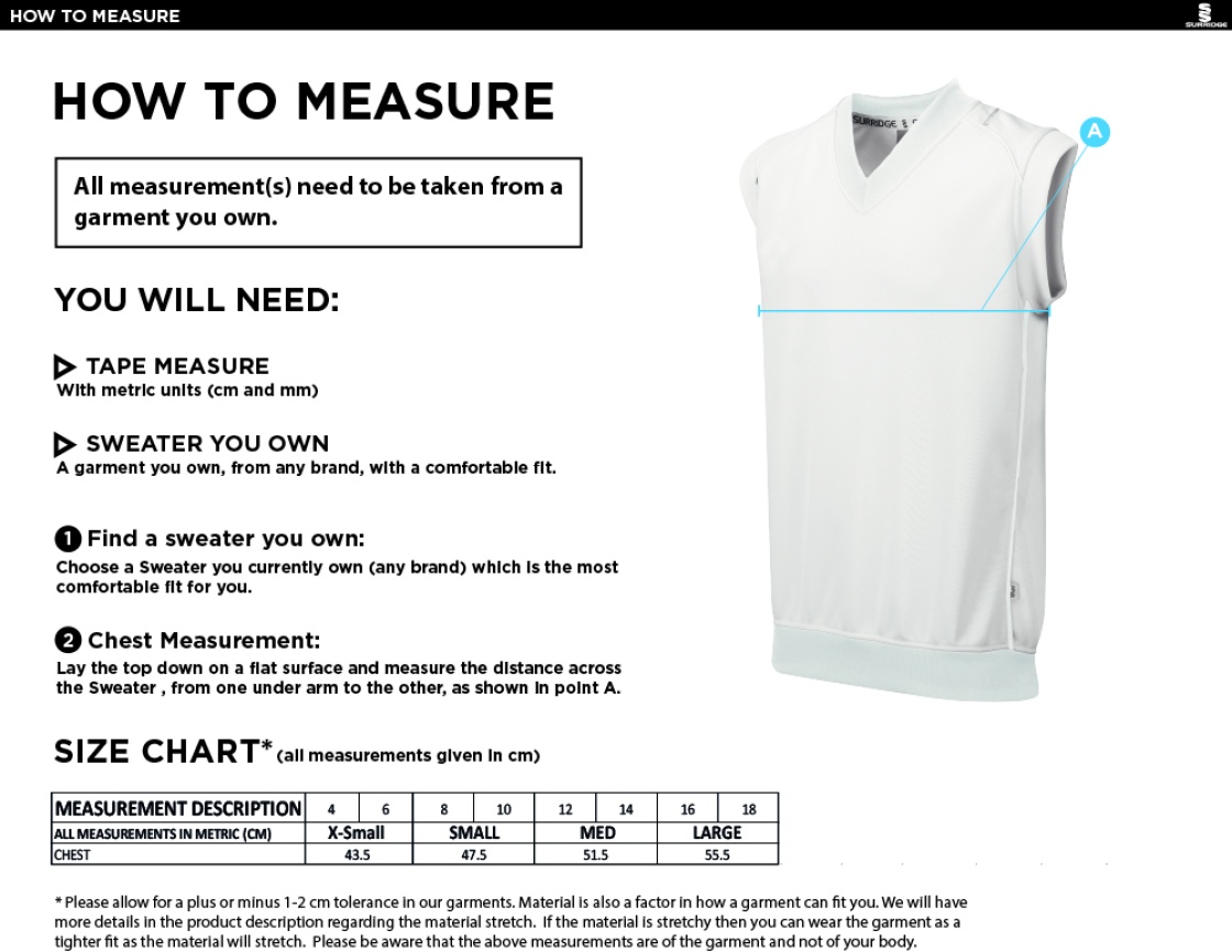 Eastchurch CC Blast Sleeveless Women's Cricket Sweater - Size Guide