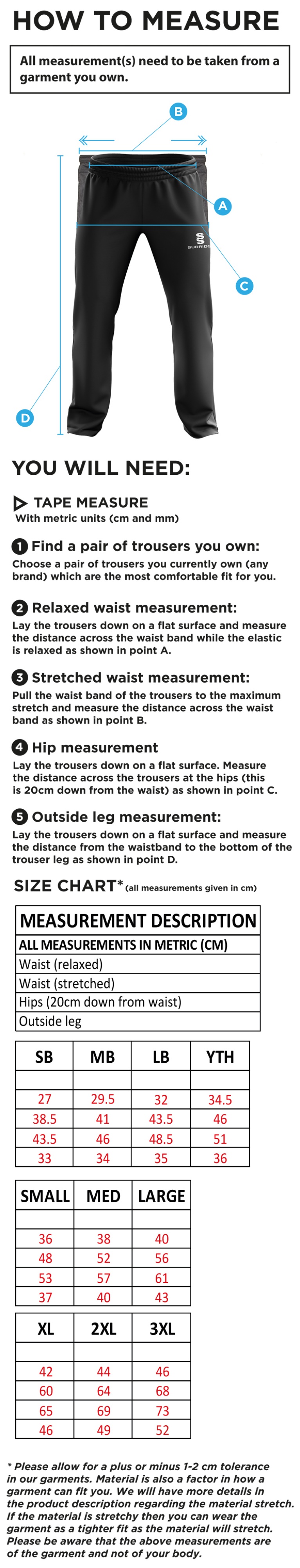 Eastchurch CC - Ripstop Track Pant - Size Guide