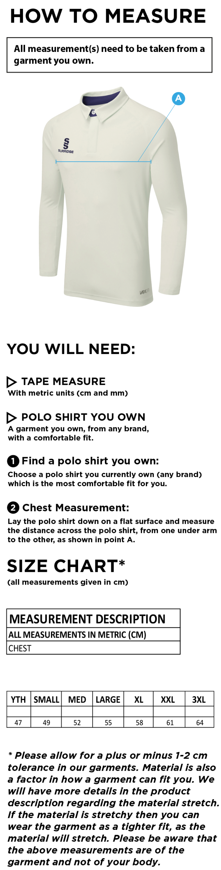 Eastchurch CC - Ergo L/S Playing Shirt - Size Guide
