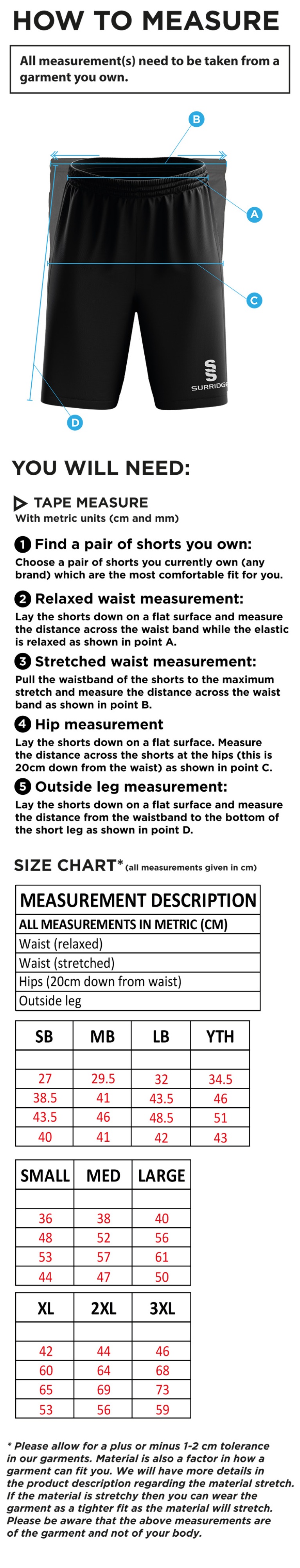 Eastchurch CC - Blade Training Shorts - Size Guide