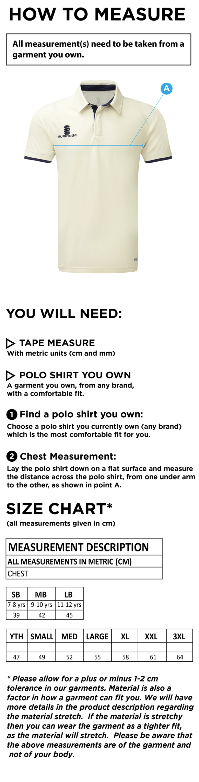 Eastchurch CC - Ergo S/S Playing Shirt - Size Guide