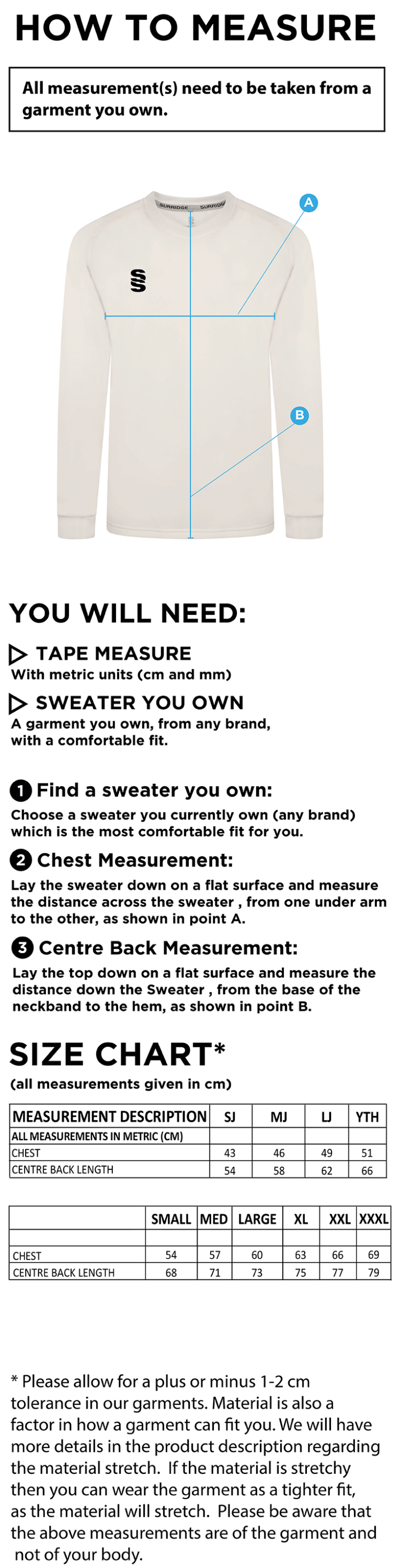 Eastchurch CC Blast Long Sleeve Cricket Sweater - Size Guide