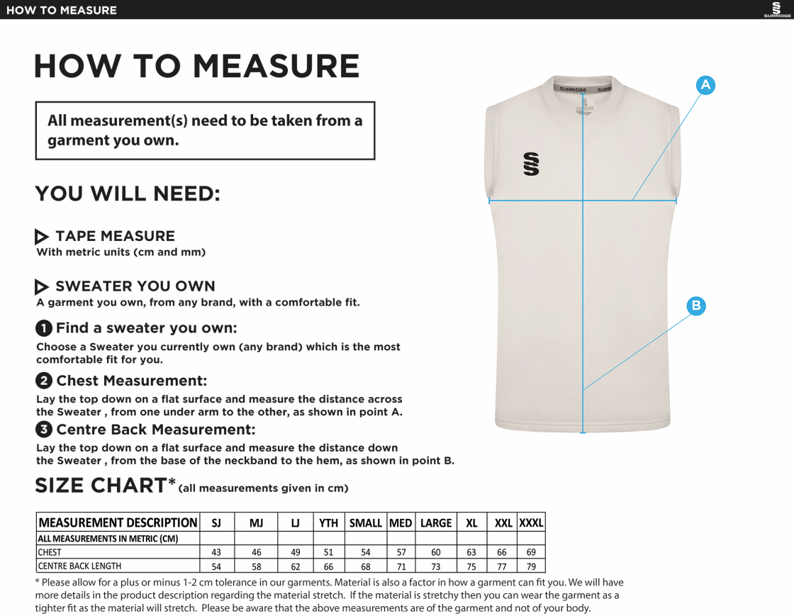 Eastchurch CC Blast Sleeveless Cricket Sweater - Size Guide