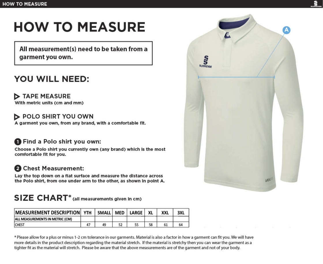 Eastchurch CC - Ergo L/S Playing Shirt - Size Guide