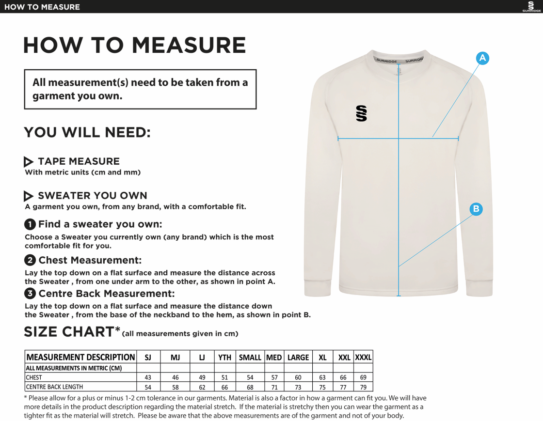 Eastchurch CC Blast Long Sleeve Cricket Sweater - Size Guide