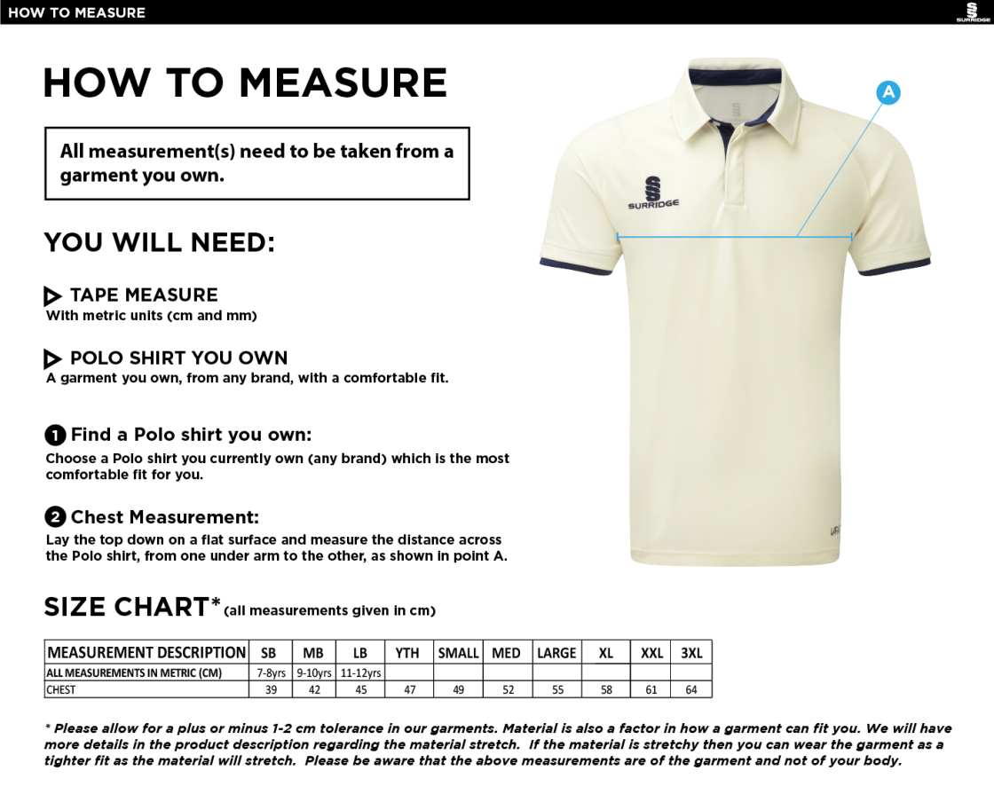Eastchurch CC - Ergo S/S Playing Shirt - Size Guide