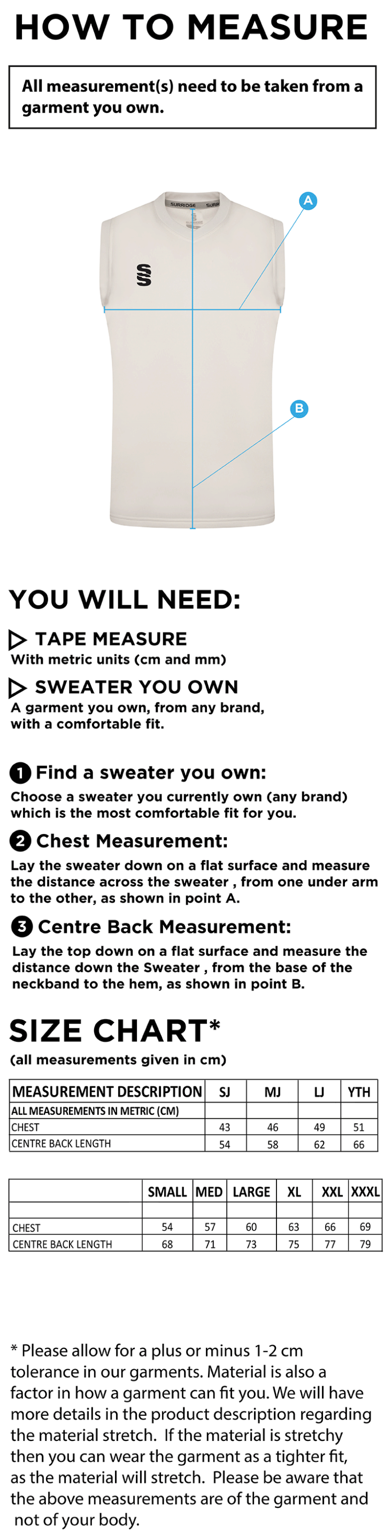 Eastchurch CC Blast Sleeveless Cricket Sweater - Size Guide