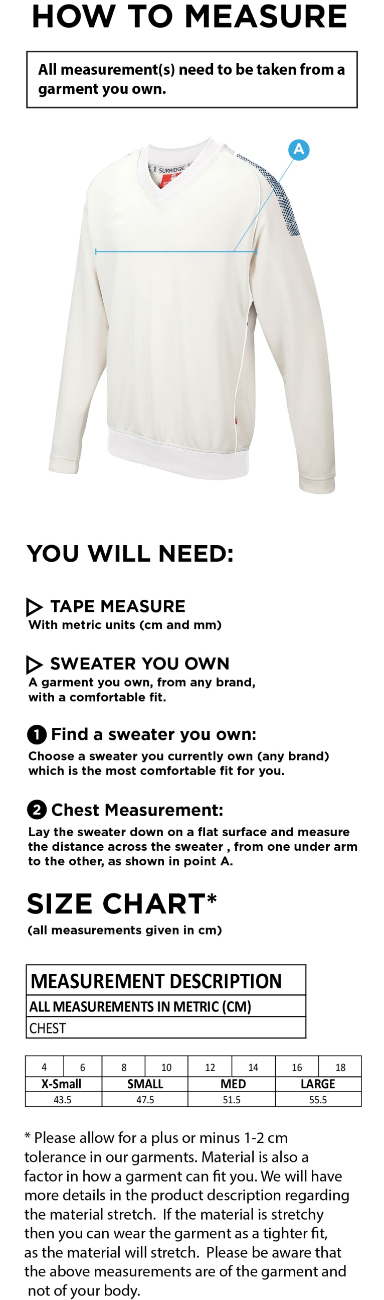 Eastchurch CC Blast Long Sleeve Women's Cricket Sweater - Size Guide