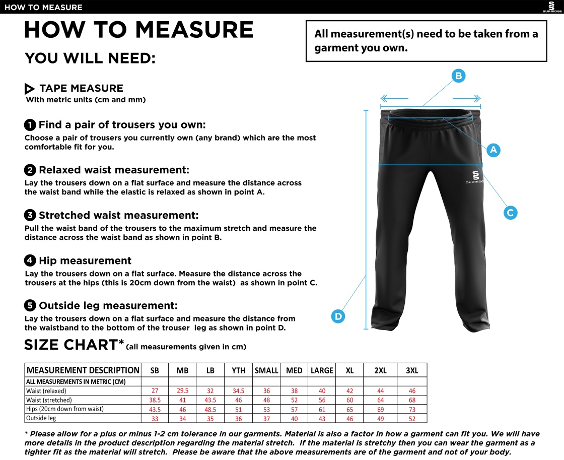 Eastchurch CC - Ripstop Track Pant - Size Guide