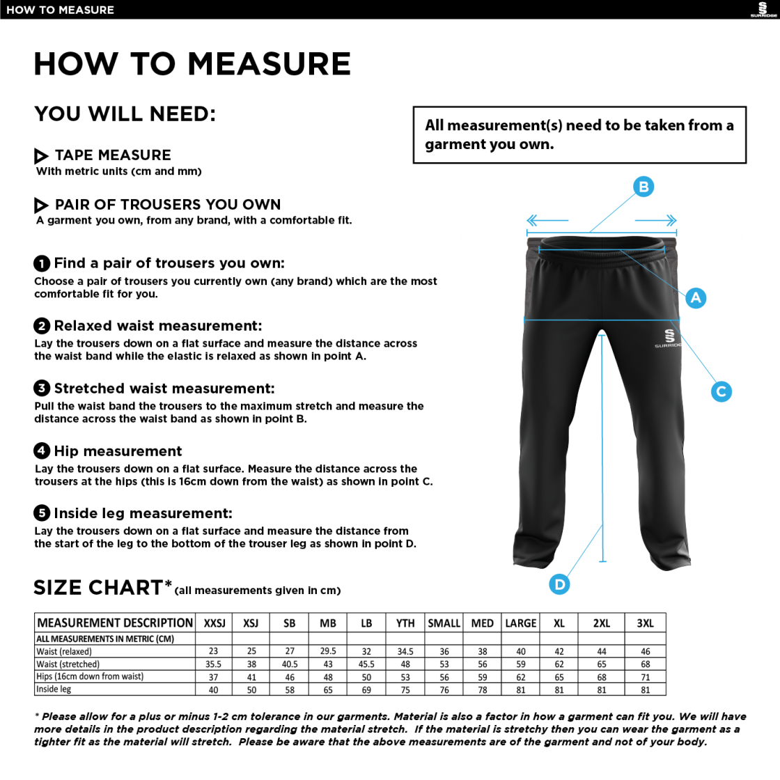 Eastchurch CC - Poplin Track Pant - Size Guide