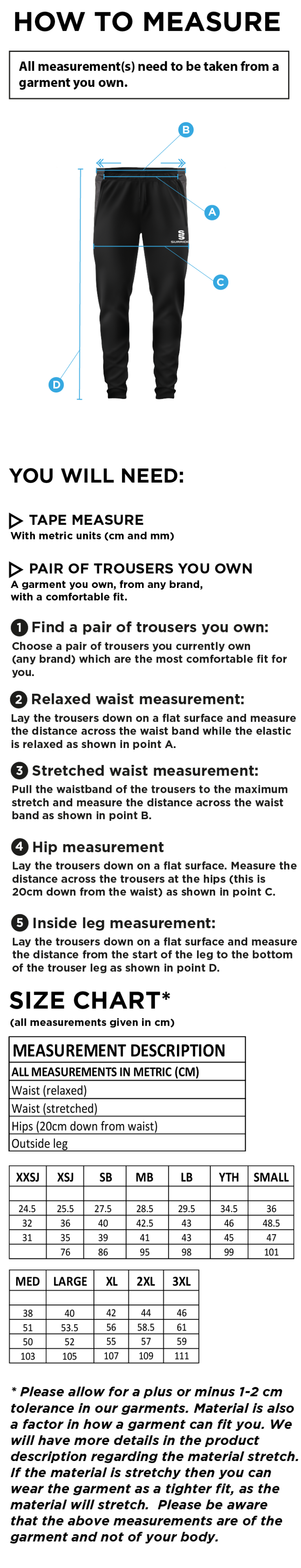 Eastchurch CC - Tek Pant - Size Guide