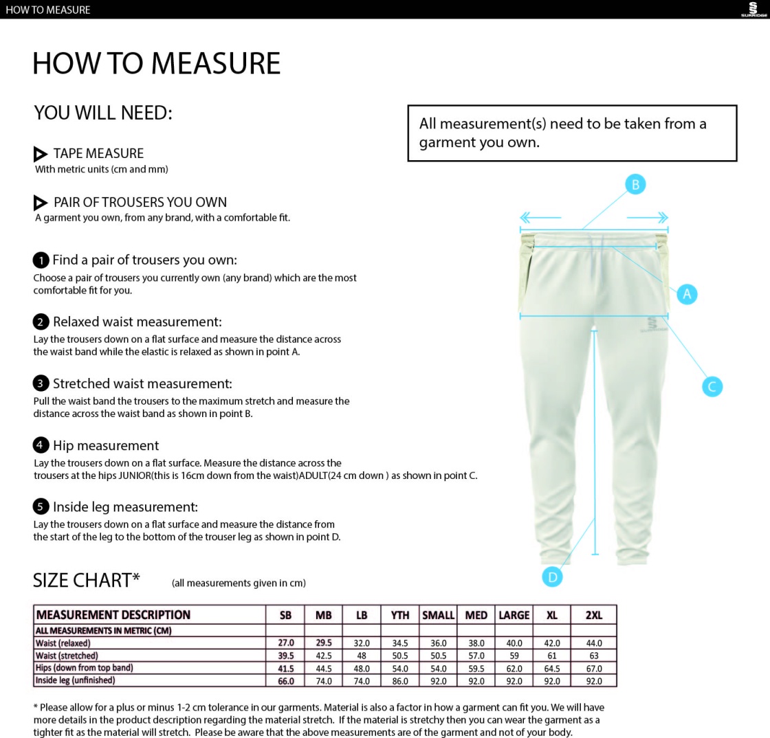 Eastchurch CC - Tek Playing Pant - Size Guide