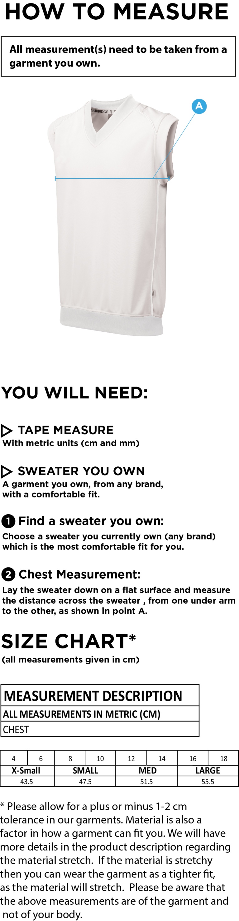 Eastchurch CC Blast Sleeveless Women's Cricket Sweater - Size Guide