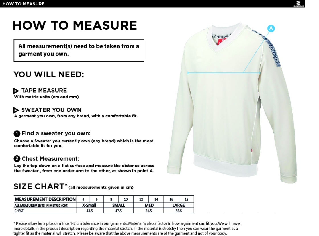 Eastchurch CC Blast Long Sleeve Women's Cricket Sweater - Size Guide
