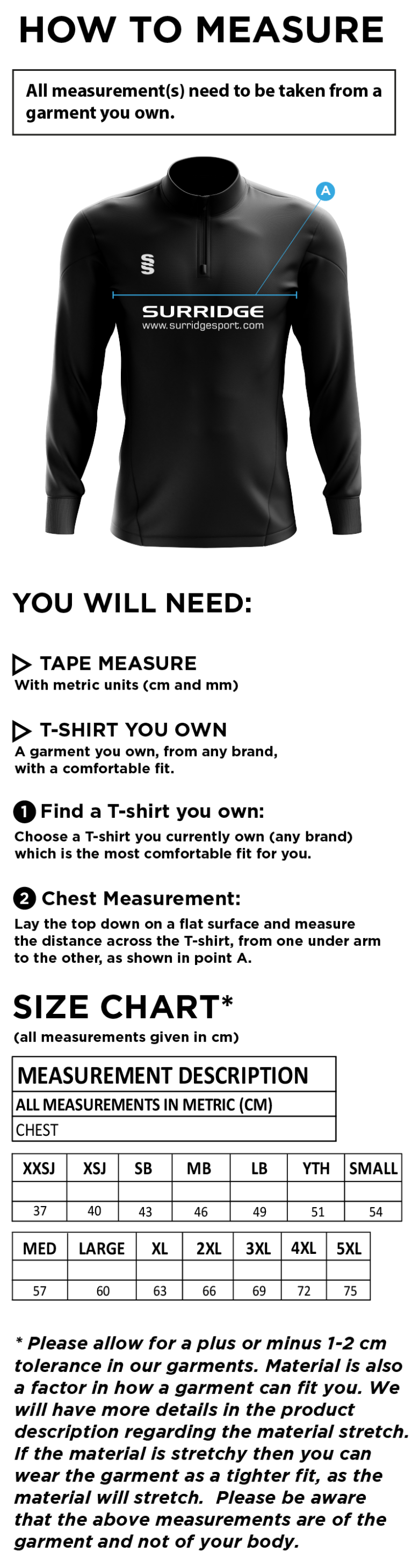 Eastchurch CC - Blade Performance Sweatshirt - Size Guide