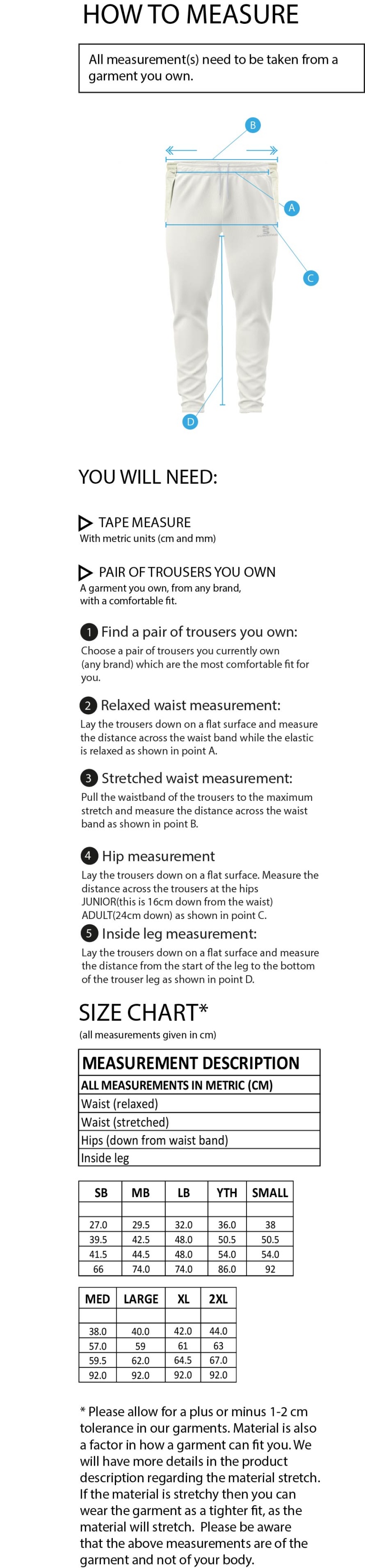 Eastchurch CC - Tek Playing Pant - Size Guide