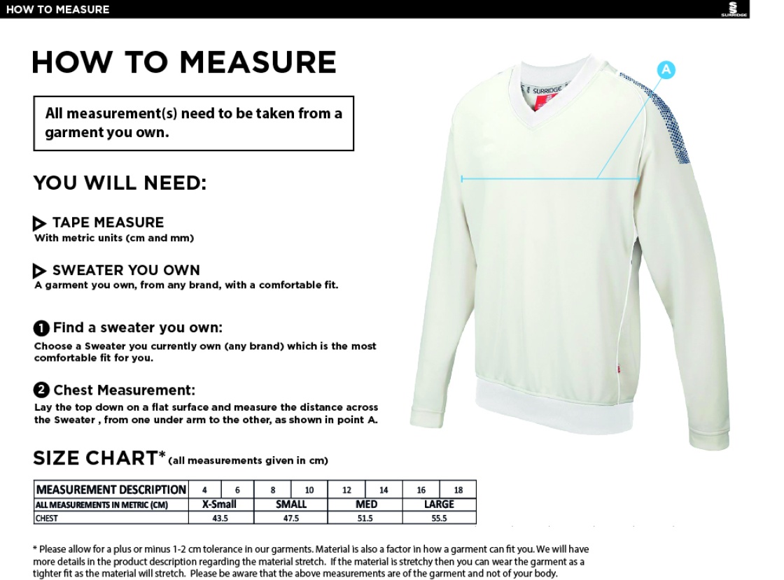 Eastchurch CC Blast Long Sleeve Women's Cricket Sweater - Size Guide