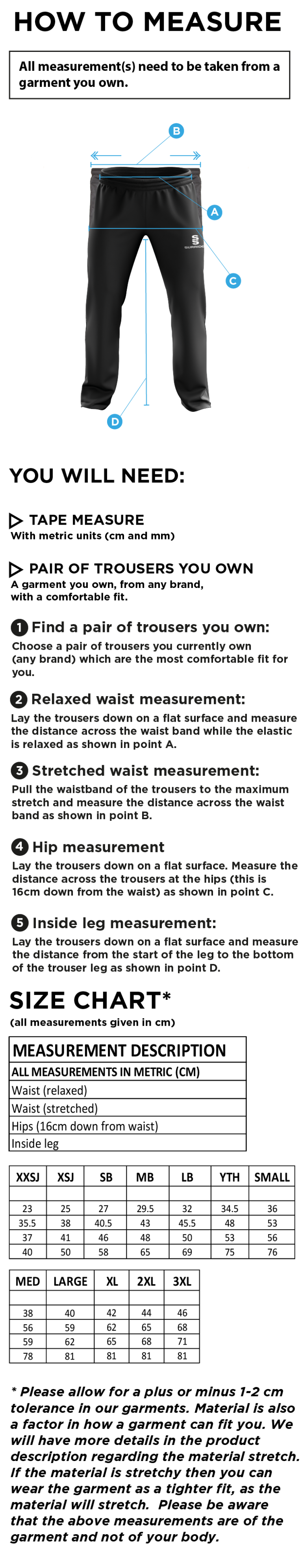 Eastchurch CC - Poplin Track Pant - Size Guide
